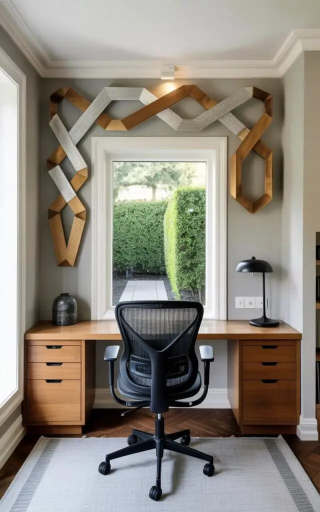 A minimalist home office features a wall adorned with three-dimensional sculptural artwork made from a combination of light brown wood and brushed silver metal. The artwork consists of interlocking geometric shapes, casting soft, diffused shadows on the adjacent wall and across the surface of the desk below. The desk itself is a rectangular surface made of white laminate, positioned directly beneath the wall art and holding a black ergonomic office chair with a mesh back. A large window behind the desk reveals a blurred view of a lush green garden with neatly trimmed hedges and a paved pathway.