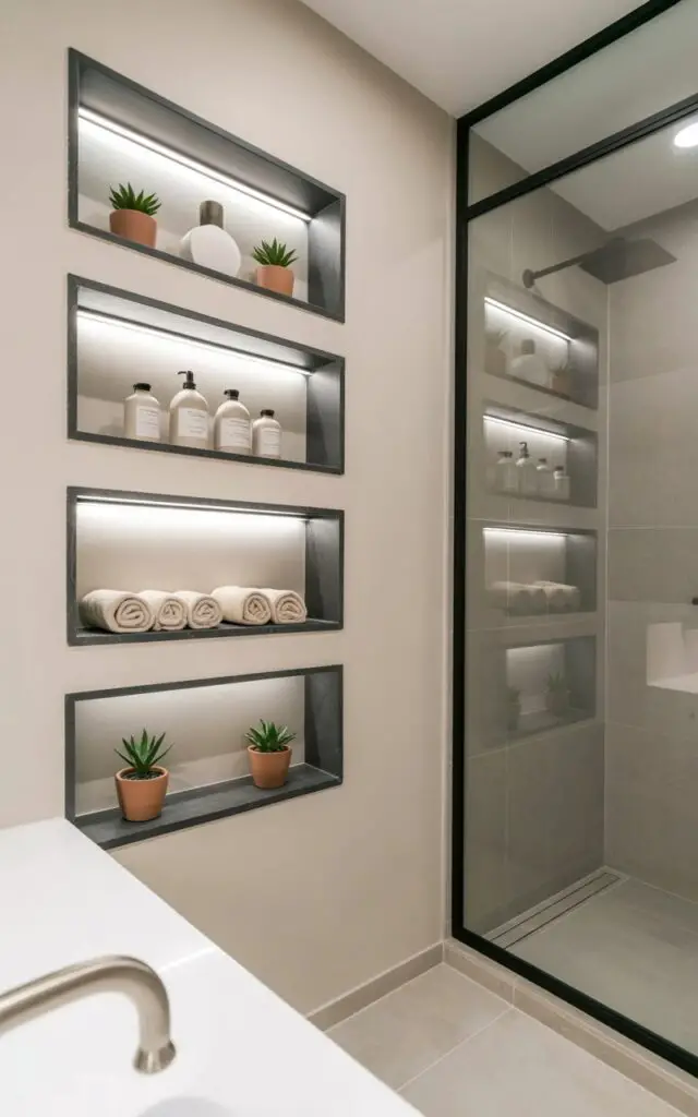 A modern bathroom features recessed LED lighting integrated within rectangular wall niches and open shelves. Each niche contains neatly arranged items including white ceramic bottles, tightly rolled beige towels, and small potted succulents in terracotta pots. The soft glow from the lighting subtly highlights the texture of the light gray stone wall while reflecting off the clear surfaces of a nearby frameless glass shower enclosure. The bathroom's floor is covered in large format porcelain tiles, and a brushed stainless steel faucet is mounted on a minimalist white countertop.