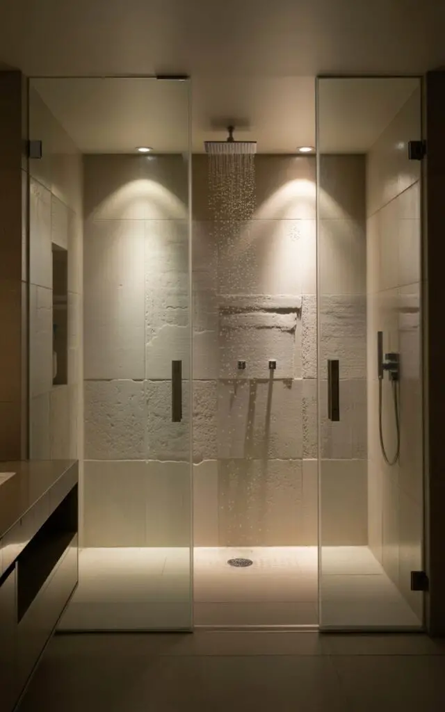 A photograph of a minimalist bathroom showcasing spotlight-style lighting that dramatically illuminates a luxurious shower area. Two recessed spotlights beam down onto textured natural stone tiles, highlighting their subtle veining and creating a gentle sheen across the wet surfaces. The shower is enclosed by pristine frameless glass panels with sleek glass handles, maintaining clean sightlines throughout the space. A modern rainfall showerhead catches the warm light, casting soft reflections while a floating vanity and understated accessories complete the pared-back palette, creating a spa-like atmosphere that perfectly balances luxury with minimalist design principles.