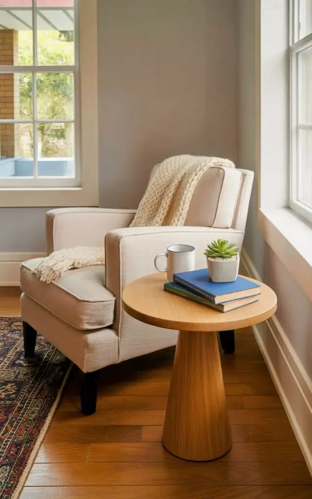 A plush, linen-covered armchair with dark wooden legs sits angled towards a window. A slender, circular side table made of light oak rests beside the armchair, holding a white ceramic mug with a simple blue rim, a small potted succulent with gray pebbles in the pot, and three hardback books stacked neatly. A woven wool throw in a cream color is draped casually over the back of the chair. The reading nook is situated within a sunlit room featuring pale gray walls and a hardwood floor with a patterned rug beneath the armchair.