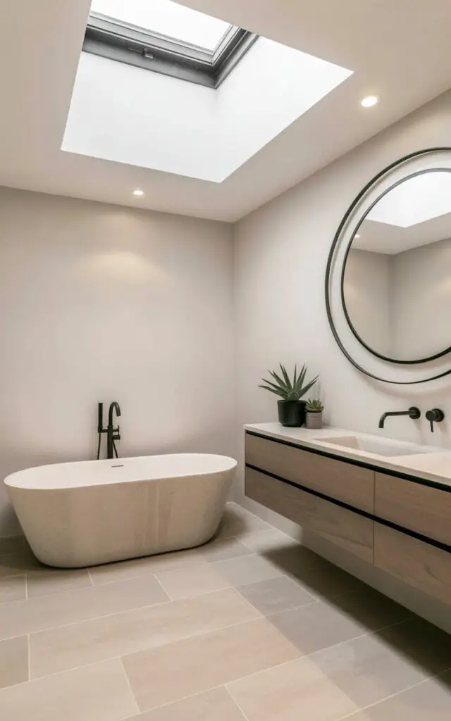 A large rectangular skylight is centered above a minimalist bathroom, allowing direct sunlight to illuminate the space. Below the skylight, a freestanding tub with a matte-white finish sits on pale stone tiles, reflecting the sunlight in gentle highlights. A floating wood vanity with thin black fixtures is positioned against one wall, complemented by a large round mirror with a simple black frame. The room features smooth, pale stone tiles covering the floor and extending partially up the walls, with a few potted succulents placed near the vanity.