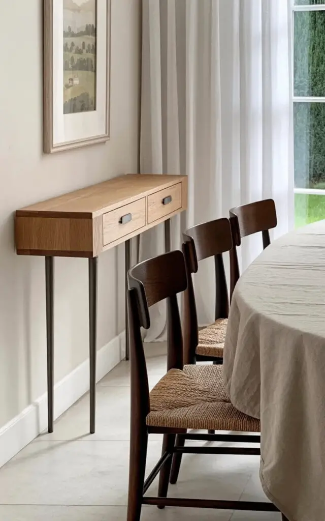 A narrow console table made of light oak wood stands against a wall painted a soft cream color. The table has four slender, dark metal legs and two small, rectangular drawers with brushed nickel handles that are flush with the tabletop's surface. Six matching dining chairs with woven natural fiber seats are arranged around an oval dining table covered with a linen tablecloth in a pale gray hue. A framed print depicting a landscape scene with rolling hills and a distant farmhouse hangs above the console table, while sheer white curtains diffuse natural light filtering through a large window overlooking a well-manicured garden.
