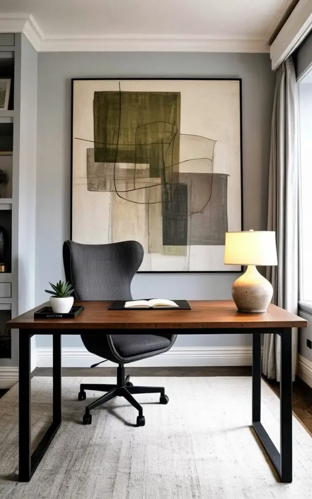 A rectangular wooden desk with matte black metal legs sits centered in a room with pale gray walls and a light beige carpet. Behind the desk, a large abstract artwork with varying shades of olive green, taupe, and cream occupies the majority of the wall space, displaying a composition of overlapping geometric shapes. A sculpted ergonomic chair with a curved back and dark gray fabric upholstery is positioned at the desk, its arms angled slightly outward. Soft ambient light from a nearby window illuminates the room, revealing a simple ceramic desk lamp with a white lampshade and a small potted succulent on the corner of the desk.