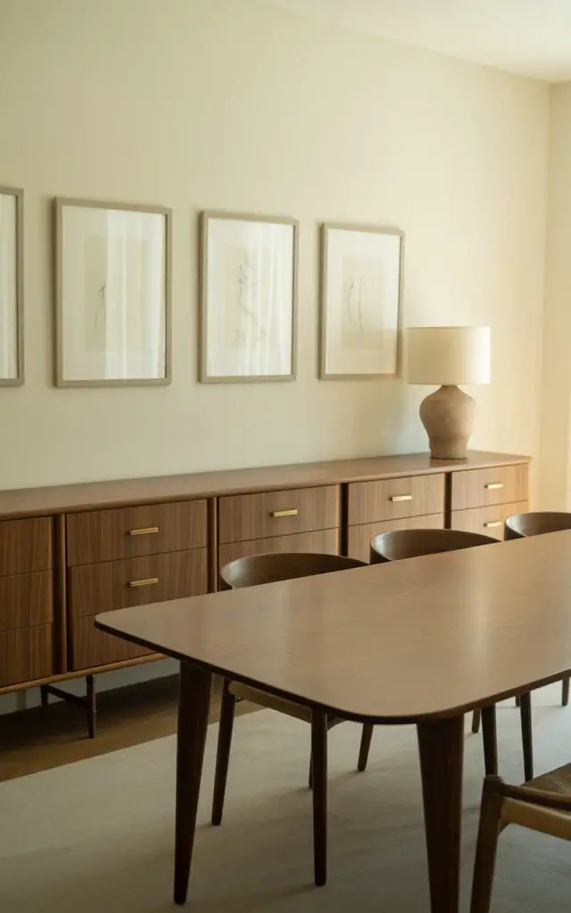 A photograph of an elegantly decorated dining room featuring a long, sophisticated sideboard positioned against a soft cream-colored wall as the central focal point. The sideboard displays clean brass handles and is topped with a subtle ceramic table lamp, while evenly spaced framed minimalist artwork in thin black frames hangs above it. In the center of the room, an empty dining table with a smooth walnut wooden top and four sleek legs is surrounded by matching dining chairs with simple, uncluttered silhouettes. Soft natural light streams through unseen windows, illuminating the space and emphasizing the streamlined, functional atmosphere with warm wood tones against the neutral palette.