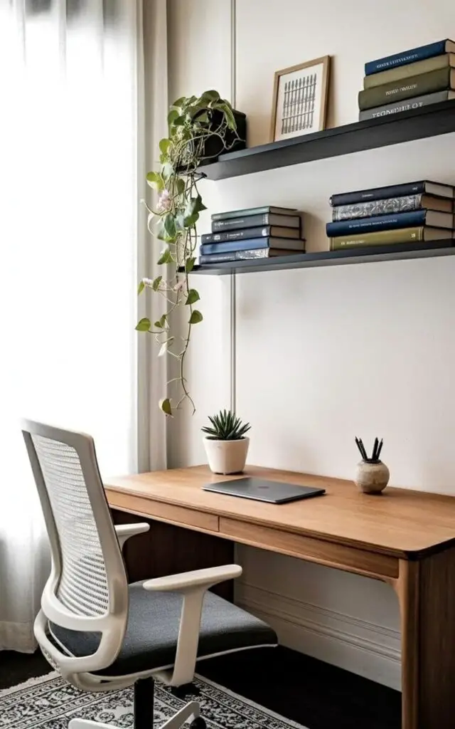 A modern office chair with a light gray mesh back and dark gray upholstered seat sits facing a streamlined office table made of light-colored wood. The table’s surface holds a closed laptop, a small ceramic pencil holder containing three black pens, and a single potted succulent in a white terracotta pot. Above the table, three floating shelves are mounted to the wall, displaying neatly stacked books with dark blue and olive green covers, a small framed print featuring a black and white geometric pattern, and a trailing pothos plant with heart-shaped leaves cascading down the side. The room’s walls are painted a soft off-white, and natural light streams in from a large window partially obscured by sheer white curtains.