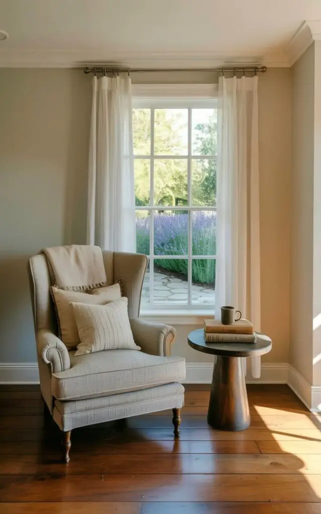 A plush armchair with a high back and rolled arms sits facing a large window, covered in several textured throw pillows of cream and pale grey fabric. A small, circular side table made of dark wood rests to the chair's right, holding a stack of three books with worn covers and a ceramic mug. Sheer white curtains hang from a simple metal rod, partially obscuring the view of a lush garden beyond the window with blooming lavender bushes and a stone pathway. The room features hardwood flooring and pale beige walls, illuminated by soft, diffused sunlight filtering through the window.