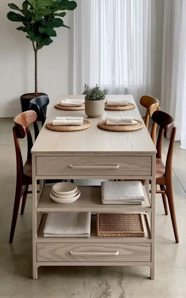 A rectangular dining table with a light-colored wood grain top features integrated drawers and shelves along its sides. The drawers have recessed, minimalist handles, while the shelves display neatly folded linen napkins and woven placemats. Four wooden dining chairs with gently curved backrests are positioned around the table, each featuring a slightly different wood tone. The room has polished concrete flooring, a large window with sheer white curtains, and a single potted fiddle-leaf fig tree in the corner, creating an open and airy atmosphere.