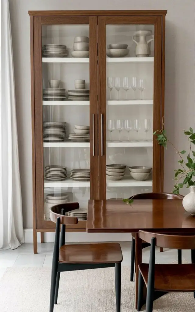 A tall, freestanding cabinet with a dark oak finish stands prominently against a pale gray wall within a well-appointed dining room. The cabinet doors are long and rectangular with simple, chrome-colored cylindrical handles positioned centrally. Inside, the shelves are neatly arranged with stacks of ceramic dinner plates, matching bowls, and a collection of wine glasses. A rectangular dining table with a polished wood surface and four matching chairs with slender black frames are situated nearby, illuminated by a diffused light filtering through a nearby window.