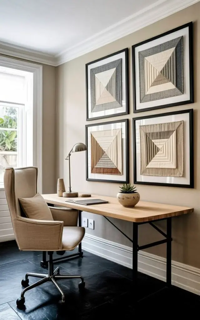A light wood office table sits centered in the composition, supported by four slender black metal legs and holding a small ceramic succulent planter. A comfortable office chair upholstered in beige linen fabric sits beside the table, angled slightly towards it with its back facing the wall. Above the table, a wall is covered in three framed textile artworks featuring geometric patterns in muted gray, cream, and taupe tones with visible texture from the woven fabric. Natural light streams through a nearby window, illuminating the space and casting subtle shadows on the wall and floor.