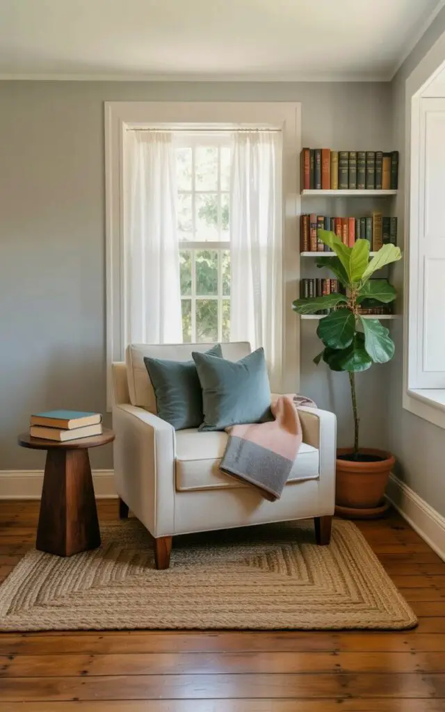 A comfortable armchair upholstered in cream-colored linen sits nestled within a dedicated reading nook, accompanied by two large square cushions covered in a muted teal velvet. A thick, braided jute rug with a subtle geometric pattern covers the wooden floor, while a folded wool throw in shades of gray and blush pink is draped casually over the armrest. A small, round side table made of dark walnut sits to the left of the armchair, holding a stack of books with aged paper and leather bindings. Natural light filters through sheer white curtains, illuminating a bookshelf filled with various sized volumes and a potted fiddle-leaf fig plant in a terracotta pot positioned in the corner of the room.