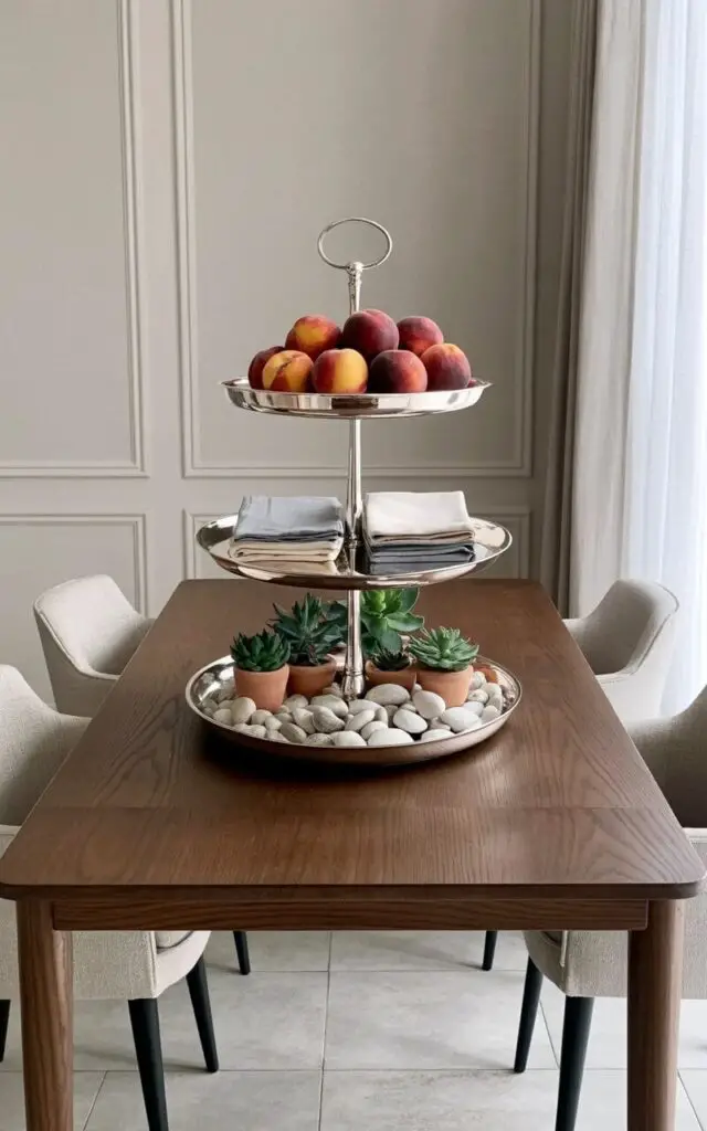 A three-tiered serving stand constructed from polished silver sits centered on a rectangular dining table made of dark walnut wood. The top tier holds a collection of ripe peaches and nectarines arranged in a circular pattern, while the middle tier displays neatly folded linen napkins in shades of cream and light gray. The bottom tier showcases a decorative arrangement of smooth river stones and small succulents in terracotta pots. The dining room features light gray walls, a large window with sheer white curtains, and four upholstered dining chairs with slender black wooden legs positioned around the table.