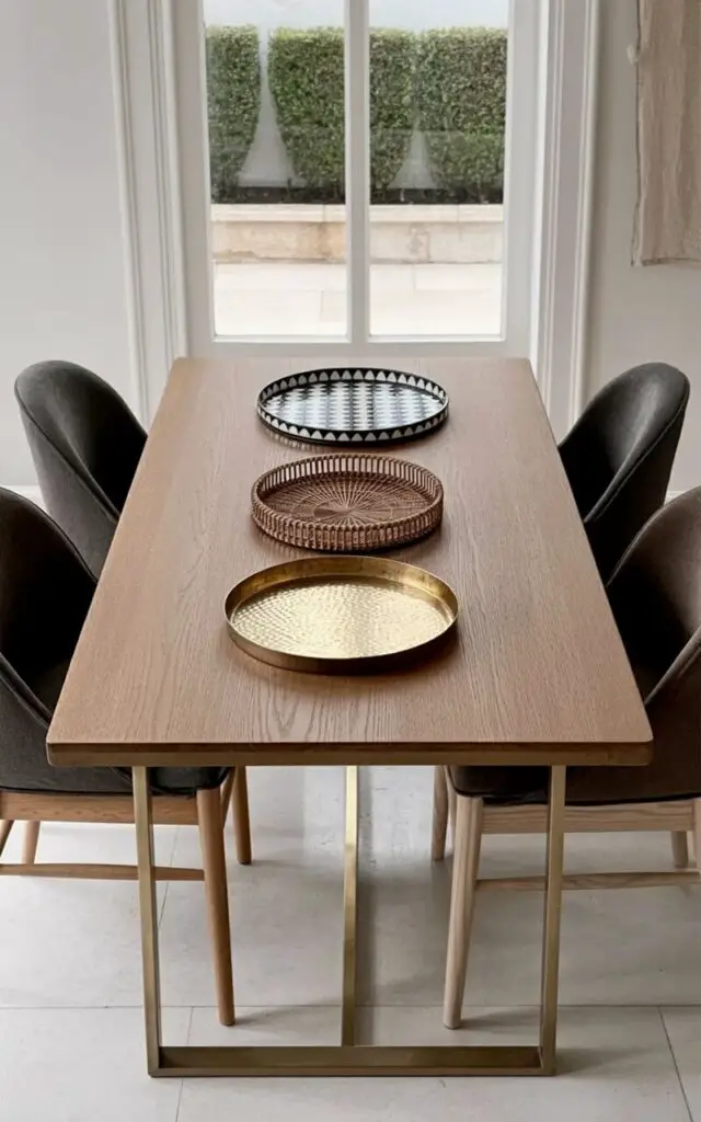 Three decorative trays of varying sizes rest on a rectangular dining table made of light-colored oak wood with brushed steel legs. The trays are composed of a mix of materials: one of polished ceramic with a geometric pattern, one of woven rattan, and one of aged brass with a hammered texture. Four dining chairs with dark gray linen upholstery and slender birch frames surround the table, each positioned equidistant from one another. A large window behind the table reveals a muted outdoor scene with neatly trimmed hedges and a distant stone wall under soft, overcast daylight.