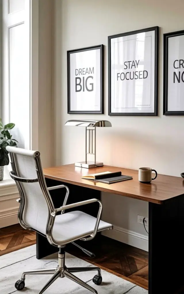 A modern office chair with a light gray fabric seat and a polished chrome base sits facing a rectangular wooden desk. The desk holds a silver desk lamp with a rectangular shade, a closed black notebook, and a ceramic mug filled with dark coffee. Above the desk, a gallery wall features three framed prints; the left print displays “DREAM BIG”, the center print reads “STAY FOCUSED”, and the right print shows “CREATE NOW”. Natural light streams in from a large window, illuminating a hardwood floor with a simple geometric rug positioned beneath the desk.