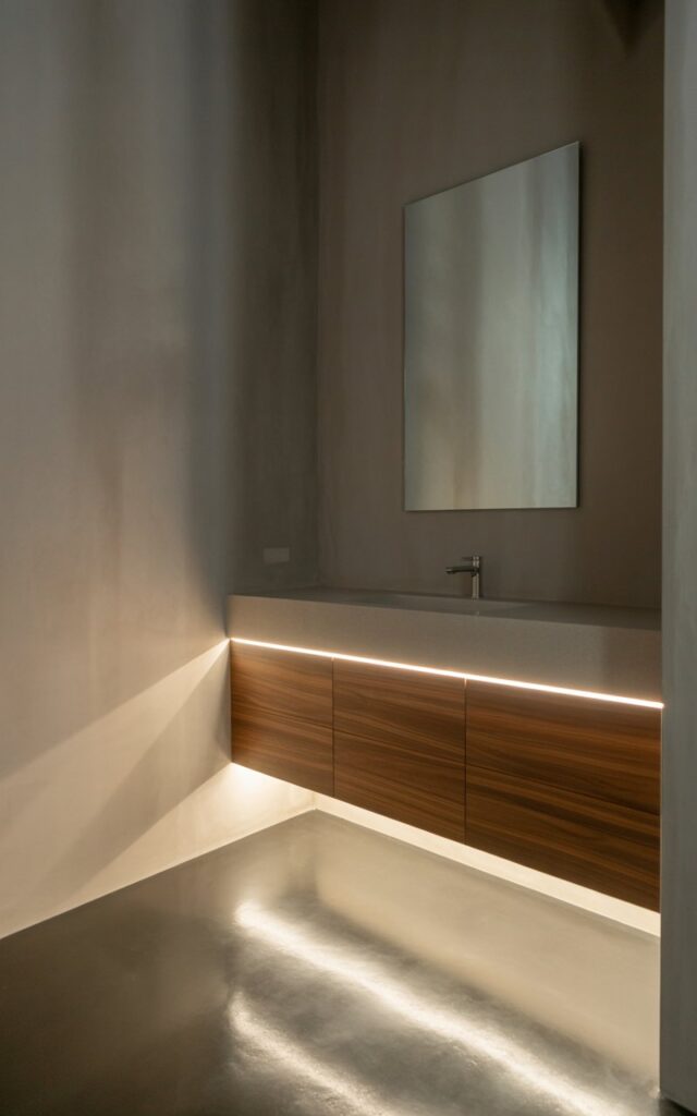 A photograph of a minimalist bathroom featuring a floating vanity with warm wood veneer and an integrated solid-surface sink, illuminated by soft LED strip lighting beneath. The gentle under-cabinet glow creates a luxurious halo effect that reflects across the matte concrete floor, making the vanity appear to hover in space. Above the streamlined vanity, a frameless rectangular mirror hangs against a smooth plastered wall, while the restrained color palette of warm walnut wood, soft charcoal grays, and diffused whites creates a serene, spa-like atmosphere. The LED lighting serves as the room's striking focal point, casting subtle shadows and highlights that emphasize the clean geometric lines and premium materials throughout the tranquil space.