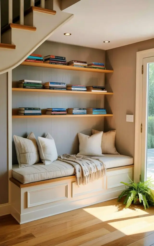 A built-in bench with plush cushions in cream and beige sits beneath a curved staircase, creating a small, enclosed reading area. Several books are neatly stacked on three floating shelves made of light oak that run the length of the back wall. Recessed lighting fixtures are embedded in the ceiling above the bench, casting a soft glow on the taupe-colored walls and a patterned throw blanket draped across the cushions. The walls are subtly textured with a faint vertical grain, while a small potted fern sits on the floor in the corner.
