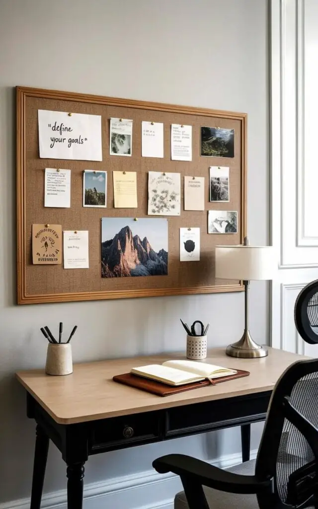 A fabric-covered pinboard, measuring approximately three feet wide and four feet tall, dominates the wall and displays a grid of neatly arranged rectangular notes, postcards, and small photographs. A handwritten note in the upper left corner reads “"DEFINE YOUR GOALS"”, while a small, printed image of a mountain range is positioned near the center. Below the pinboard, a light wood desk with slender black legs holds a silver desk lamp with a white shade, a ceramic pen holder containing five black pens, and a leather-bound notebook lying open to a blank page. The room’s walls are painted a soft gray, and a comfortable ergonomic office chair with a gray mesh back sits facing the desk.