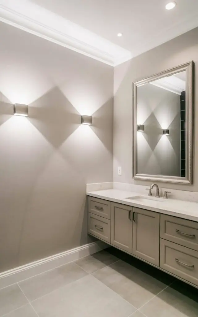 A spacious bathroom features a large wall with a subtly textured surface illuminated by strategically placed wall washer lighting. The lighting creates a smooth gradient across the wall’s surface, highlighting the texture and minimizing shadows while reflecting gently onto a frameless mirror and a floating vanity positioned below. The vanity has a clean, rectangular shape with a white marble countertop and brushed nickel hardware. The room is bathed in soft, diffused light, creating a calm atmosphere with pale gray tile flooring and white recessed ceiling lights.