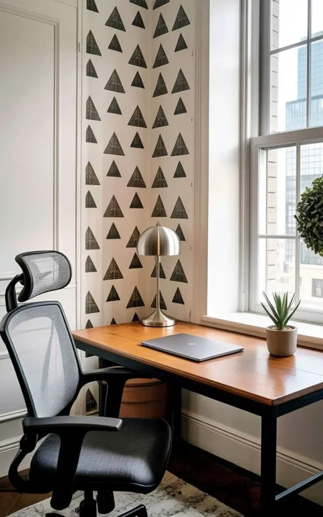 A modern office chair with a gray mesh back and black fabric seat sits facing a rectangular wooden desk. The desk's surface holds a silver desk lamp with a cylindrical shade, a closed black laptop, and a small ceramic pot containing a single green succulent. Behind the desk, a wall is covered in a peel-and-stick wallpaper featuring a repeating geometric pattern of dark gray triangles against a light beige background. A large window on the right side of the room allows natural light to illuminate the space, revealing a glimpse of a cityscape with tall glass buildings in the distance.