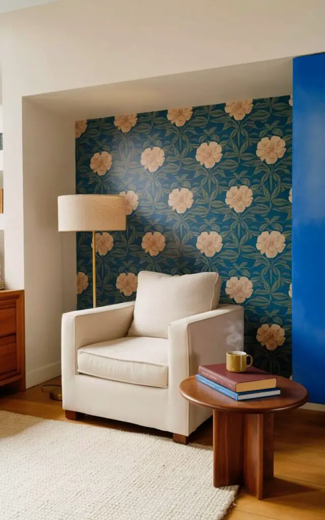 A plush armchair upholstered in cream-colored linen sits centered against a wall covered in a large-scale floral wallpaper featuring a repeating pattern of dark teal leaves and blush pink blossoms. A small, round side table made of dark walnut wood rests beside the armchair, holding a stack of three books with burgundy covers and a ceramic mug filled with steaming tea. A floor lamp with a brass base and a linen shade stands to the left of the armchair, casting a warm glow across the scene. The wall is part of a recessed alcove, with the opposite wall painted a matte gray, and a thick, ivory-colored rug covers the hardwood floor.