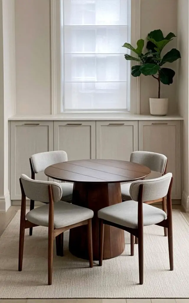 A low, built-in cabinet with smooth, light gray doors sits flush against a pale cream-colored wall beneath a large rectangular window. The cabinet doors have minimal recessed finger pulls, seamlessly integrated into the design. A circular wooden dining table with four simple, gray fabric-upholstered chairs is centered in the room, with each chair’s back angled slightly outward. Soft morning light streams through the window, illuminating pale hardwood floors and a single potted fiddle-leaf fig plant positioned in the corner of the room, enhancing a sense of calm and order.