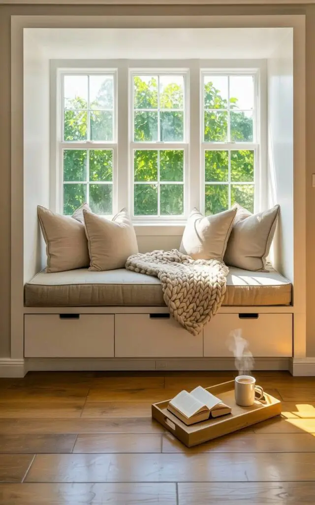 A custom upholstered bench sits within a large bay window, featuring thick linen cushions in a light beige hue and several neutral throw pillows arranged for comfort. A chunky knit blanket in a cream color is casually draped across the bench, while a small wooden tray on the floor holds a closed hardcover book and a white ceramic mug filled with steaming liquid. Below the bench, minimalist built-in drawers are seamlessly integrated into the wall, painted in a warm off-white shade that matches the surrounding walls. Soft natural daylight streams through the window, illuminating a view of lush green foliage outside and highlighting the clean lines of the reading nook's design.