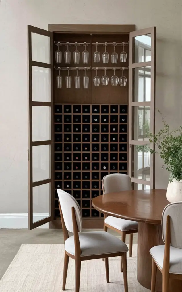A tall, dark wood wine cabinet with glass-paneled doors stands against a pale gray wall. Its interior compartments are neatly filled with rows of wine bottles, each arranged horizontally to create a symmetrical display. Above the storage grid, sleek glass racks display a collection of crystal stemware, with wine glasses hanging neatly in parallel rows. The room features a polished concrete floor and a round wooden dining table surrounded by six upholstered dining chairs with light gray cushions, all bathed in the soft glow of recessed lighting.