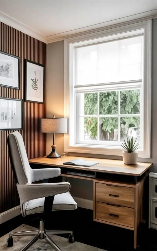 A modern office desk made of light-colored wood sits against a wall covered in vertical wood slats, creating a textured backdrop. The desk's surface is clear except for a small, gray desk lamp with a fabric shade and a single potted succulent in a white ceramic pot. A contemporary office chair upholstered in a gray fabric with visible stitching faces the desk, its back slightly angled. The room is illuminated by soft, diffused light filtering through a large window showing a glimpse of lush green trees beyond.