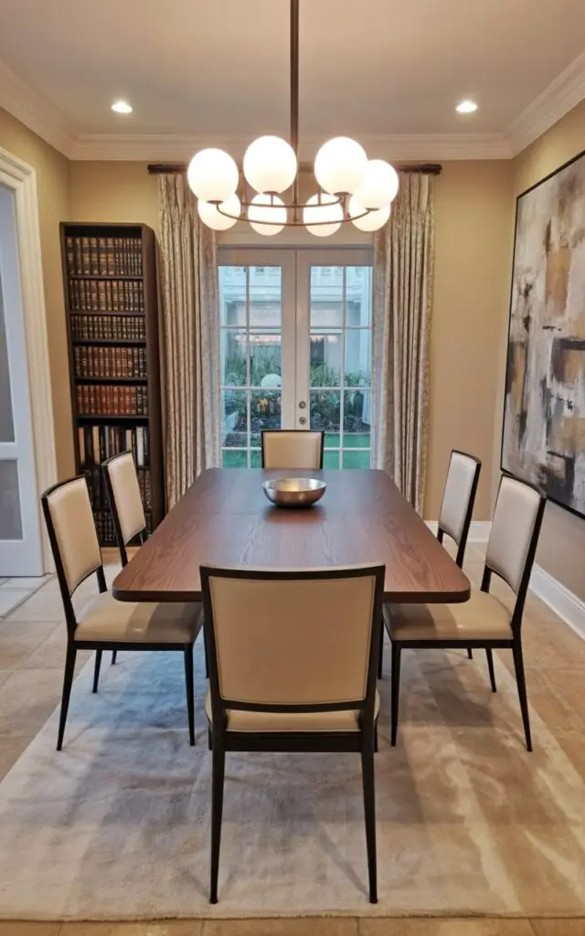An empty dining table made of dark walnut wood sits centered in a well-lit dining room, surrounded by six upholstered dining chairs with slender black metal legs. A sleek, modern chandelier with frosted glass orbs hangs directly above the table, casting soft light downwards, while recessed lighting fixtures are positioned around the perimeter of the room. A large abstract painting with shades of gray and beige hangs on the far wall, and a tall, narrow bookshelf filled with leather-bound books stands against the wall to the left of the table. The floor is covered with a plush cream-colored rug, and sheer linen curtains hang over the large windows overlooking a manicured garden.