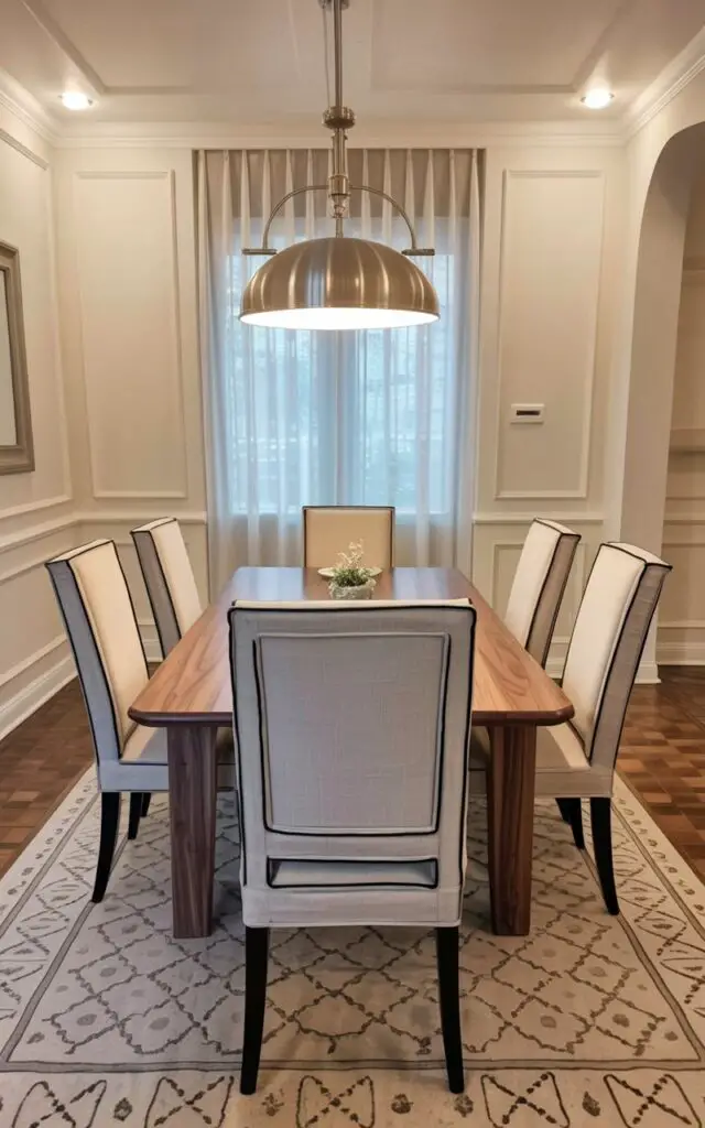 An adjustable dining room light with a brushed nickel finish hangs directly above a rectangular dining table made of dark walnut wood. Six upholstered dining chairs with light gray linen fabric and slender black legs are arranged around the table, spaced evenly apart. The room's walls are painted a soft off-white color and feature subtle crown molding near the ceiling, while a large window with sheer white curtains allows diffused natural light to enter. A patterned area rug with a geometric design in shades of gray and beige lies beneath the table, anchoring the furniture arrangement within the space.