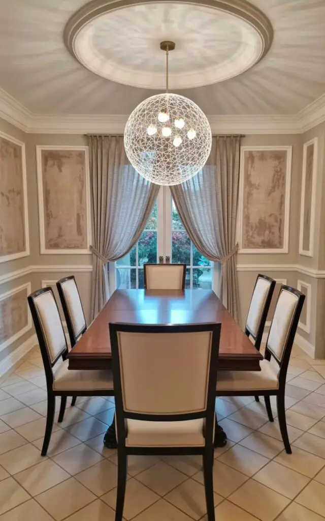 A spherical dining room light fixture hangs from a sculpted ceiling, casting a soft glow downwards. The light illuminates an empty, rectangular dining table made of polished dark wood, surrounded by six upholstered dining chairs with slender, tapered legs. The walls feature a textured plaster finish with subtle variations in tone and a decorative molding detail running horizontally along the perimeter. A large window with sheer linen curtains allows diffused natural light to enter, complementing the artificial illumination and revealing a glimpse of an outdoor garden beyond.
