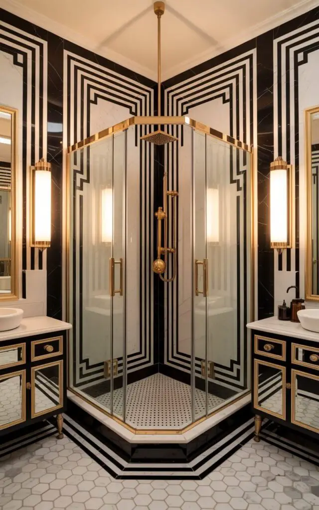 An Art Deco bathroom featuring luxurious geometric patterns and rich materials in the distinctive 1920s style. The centerpiece is an elegant glass shower cube with gleaming gold brass handles and trim, positioned against white marble walls adorned with bold black geometric inlays and stepped zigzag motifs. The space showcases classic Art Deco elements including hexagonal black and white floor tiles, a vanity with mirrored surfaces and gold accents, and dramatic vertical lighting fixtures with frosted glass shades. Warm ambient lighting enhances the contrast between the polished gold fixtures and the sophisticated black, white, and cream color palette.