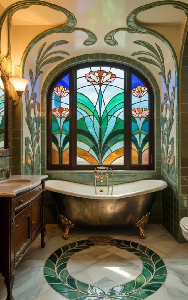 An elegant Art Nouveau bathroom featuring flowing, organic curves and botanical motifs throughout the design. The centerpiece is a luxurious clawfoot bathtub with sinuous metalwork in aged bronze, positioned beneath an arched stained glass window depicting stylized water lilies in jewel tones of emerald, sapphire, and amber. Intricate tile work covers the walls in cream and sage green, with hand-painted vines and peacock feather patterns that seem to dance around ornate brass fixtures. Soft, warm lighting filters through the colored glass, casting ethereal patterns across the marble floor and illuminating the rich mahogany vanity with its curved, nature-inspired hardware.
