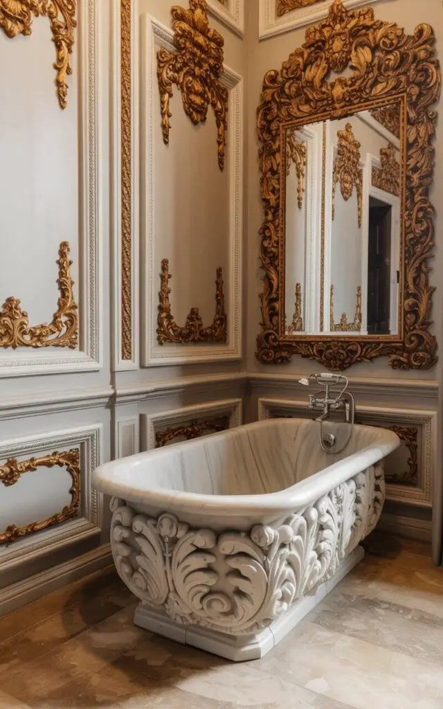 A close-up photograph of a dramatic Baroque Revival bathroom showcasing opulent craftsmanship and old money elegance. The room features elaborate carved wall moldings painted in warm cream tones, accented with intricate gold leaf detailing that catches and reflects ambient light across the ornate frames. An oversized mirror with a heavily gilded baroque frame dominates one wall, while a sculptural marble bathtub with hand-carved acanthus leaf details serves as the centerpiece on polished travertine floors. The space maintains deliberate minimalism in furnishings, allowing the architectural drama and meticulous craftsmanship to command attention in this perfectly balanced expression of disciplined luxury.