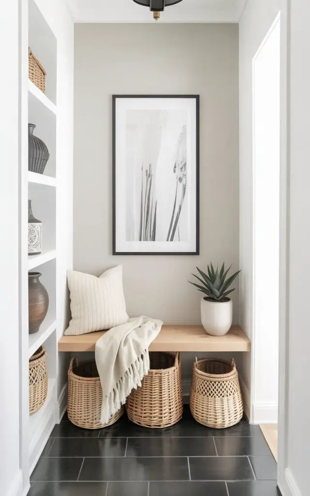 A light-colored wooden bench sits centered against a pale gray wall in a well-decorated entryway. Three woven baskets of varying sizes are arranged neatly beneath the bench, while additional baskets and decorative ceramic vases sit on lower shelves built into the wall. A cream-colored throw blanket is draped casually over the bench, and a small potted succulent with dark green leaves rests on one of the shelves. Soft natural light streams in from a doorway to the right, illuminating the space and highlighting the textures of the baskets and wood.