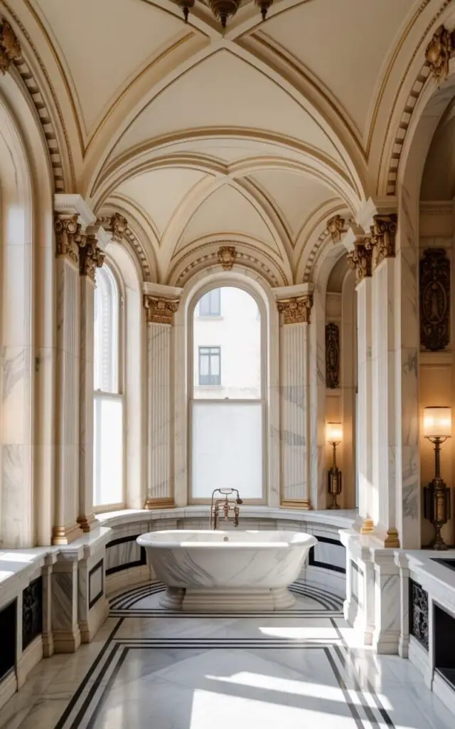 A luxurious bathroom interior showcasing Beaux-Arts architectural grandeur with soaring coffered ceilings and ornate classical moldings. The space features a freestanding marble bathtub positioned beneath tall arched windows, flanked by fluted Corinthian columns with gilded capitals. Rich cream and ivory marble covers the walls and floors in elaborate geometric patterns, while bronze fixtures and crystal chandeliers add opulent metallic accents. Soft natural light streams through the windows, casting dramatic shadows that emphasize the sculptural depth of the architectural details and create an atmosphere of refined elegance.