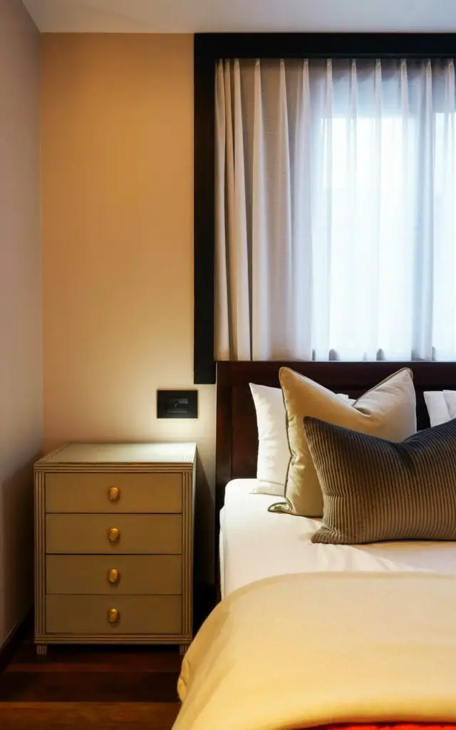 A small bedside chest with four empty drawers sits next to a double bed with a dark wood frame. The chest’s surface is smooth, finished in a pale gray tone, and its brass handles gleam subtly in the soft light. The bed is layered with white cotton sheets, a thick cream-colored duvet, and several pillows in varying shades of gray and beige, featuring subtle ribbed textures. The bedroom features pale beige walls and a large window covered with sheer white curtains, allowing diffused daylight to illuminate the scene.