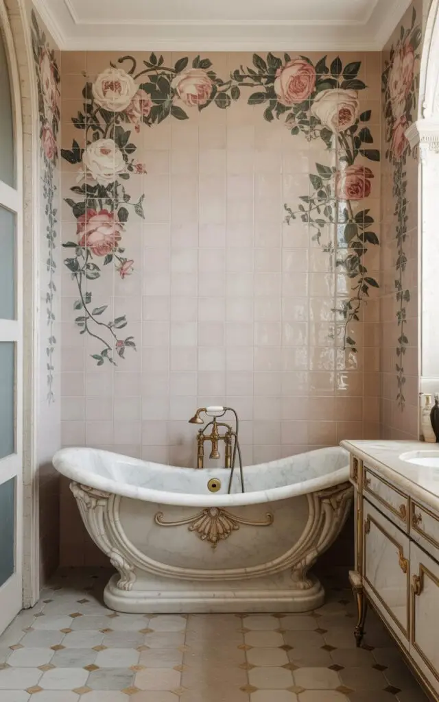 A luxurious Belle Époque-inspired bathroom featuring an ornate sculptural bathtub as the centerpiece, crafted from creamy marble with elegant curved lines and decorative brass fixtures. The walls are adorned with hand-painted ceramic tiles in soft ivory and blush pink, showcasing delicate floral motifs of roses and peonies that frame the space with romantic artistry. A pristine marble vanity with warm brass hardware sits empty along one wall, its clean surface reflecting the room's refined aesthetic. Soft natural light filters through frosted glass, casting gentle shadows that highlight the room's pastel palette and create an atmosphere of timeless elegance and old-world sophistication.