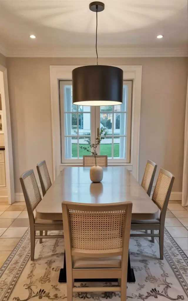 A black, cylindrical light fixture with a matte finish hangs from the ceiling on a thin metal cable, positioned directly above a rectangular dining table. The table is made of light-colored wood with a smooth surface, and four identical dining chairs with woven fabric seats are arranged around it. The room features light-toned wooden flooring and walls painted a soft beige color, with a large window showing a glimpse of a green lawn and distant trees. A simple, minimalist vase with a single sprig of greenery sits on the center of the table, adding a subtle touch of life to the otherwise uncluttered space.