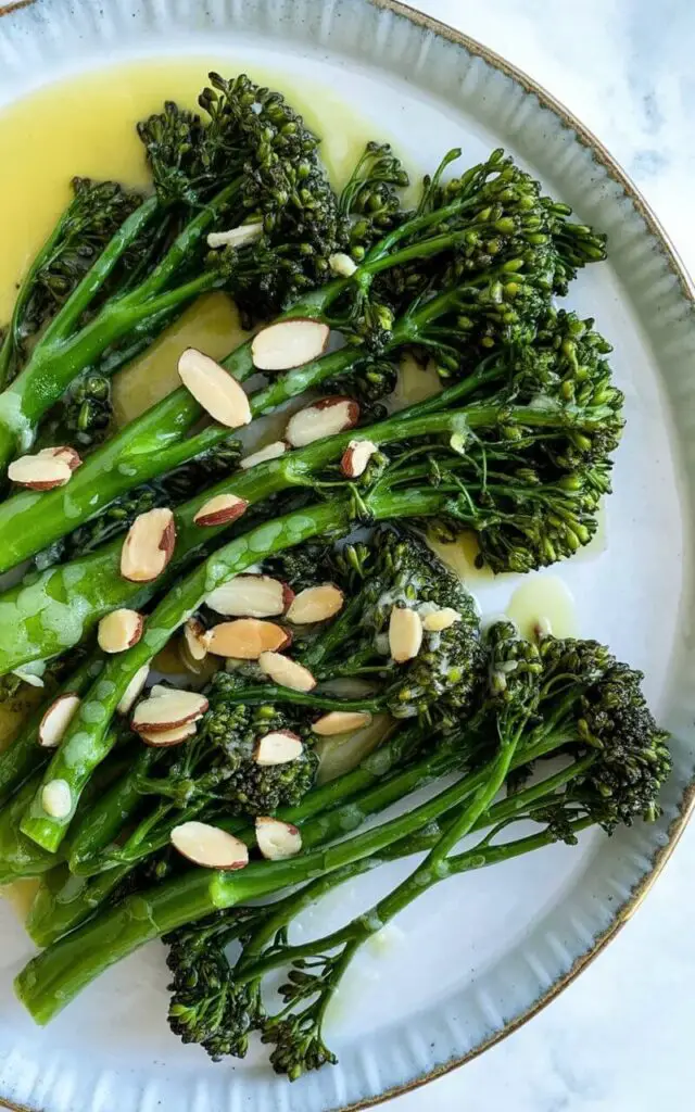 A portion of broccolini is tossed with toasted sliced almonds and a melted butter sauce, with almonds scattered evenly across the dish. The broccolini florets have a deep green hue and are arranged in a circular pattern on a round white ceramic plate with a subtly raised rim. A small pool of melted butter coats the broccolini, reflecting light and creating a glossy sheen. The plate rests on a bright white kitchen countertop, and diffused sunlight highlights the textures of the broccolini and almonds.