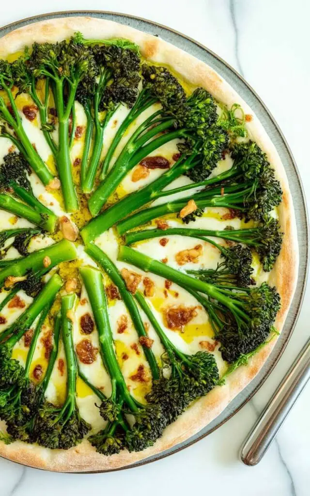 A circular broccolini pizza rests on a large, round white ceramic plate with a slightly raised rim. Thin, bright green broccolini spears are arranged in a radiating pattern across a layer of melted mozzarella cheese, with small pieces of browned garlic and glistening olive oil dispersed throughout. The pizza crust is lightly browned and exhibits small, blistered patches along its edges and surface. The plate sits on a smooth, white kitchen countertop with subtle grout lines visible, and a stainless steel kitchen utensil lies to the right of the plate.