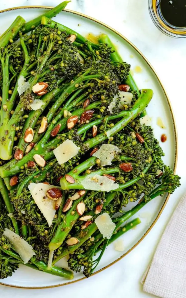 A pile of chopped broccolini sits on a wide, circular white ceramic plate. Toasted slivered almonds and shaved Parmesan cheese are evenly distributed throughout the broccolini, with a light coating of vinaigrette visible on each piece. The plate rests on a bright, smooth white kitchen countertop with a slight reflection of overhead light. A small bowl of balsamic vinegar sits to the right of the plate, and a linen napkin is neatly folded to the left.
