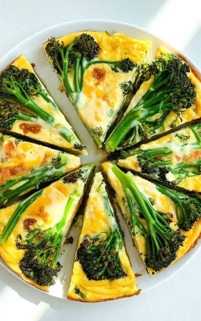 A golden-yellow frittata, sliced into six wedges, sits centered on a clean white ceramic plate. Visible within the fluffy egg interior are numerous bright green broccolini florets and pockets of melted cheddar cheese with lightly browned edges. The plate rests on a bright, plain white kitchen countertop with a slight sheen reflecting the overhead light. Natural light streams in from a nearby window, softly illuminating the frittata and creating subtle shadows around the plate’s edges.