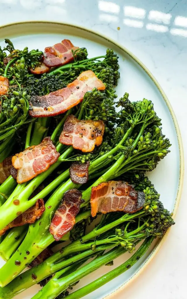 Broccolini stalks, ranging in color from deep forest green to a paler jade, are mixed with irregularly shaped pieces of crispy bacon exhibiting a reddish-brown hue and scattered flecks of black char. Small droplets of rendered bacon fat are visible on the broccolini and bacon, reflecting light. The broccolini and bacon are arranged on a circular white ceramic plate with a subtly raised rim, sitting on a smooth, bright white kitchen countertop with a matte finish. The countertop extends to the background, reflecting soft, diffused natural light from a nearby window.