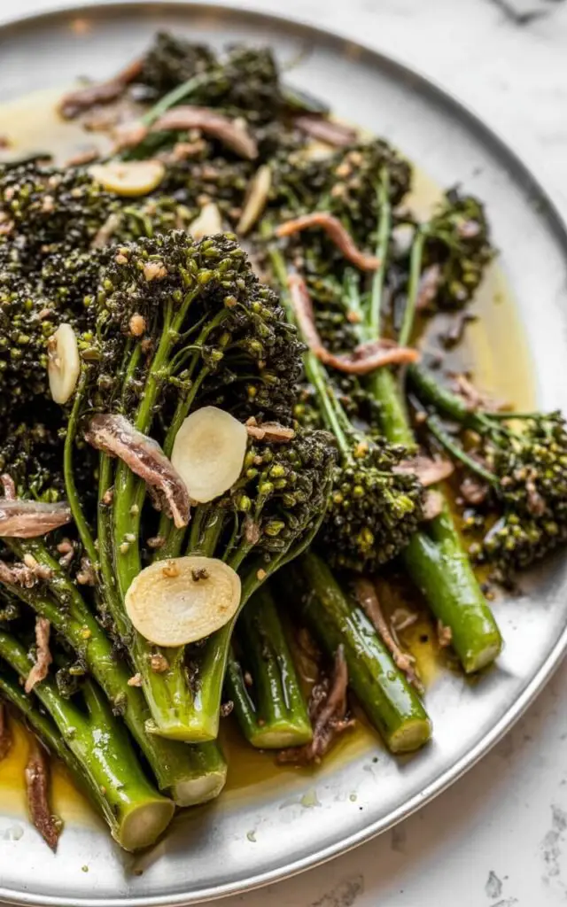 A pile of broccolini stalks, densely packed on a white ceramic plate, exhibits a glossy sheen from olive oil seasoning. Finely crumbled dried anchovy flakes and thin, pale gold slices of garlic adhere to the broccolini stalks, adding visual texture. The plate rests on a bright white kitchen countertop with a subtle matte finish, reflecting a diffuse light source. Soft natural light illuminates the broccolini's deep green hue, highlighting the savory appearance of the dish.