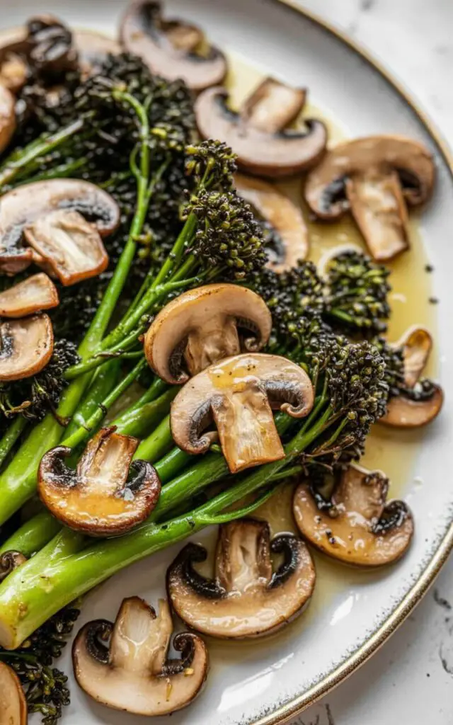 Sautéed broccolini and sliced mushrooms are arranged on a white ceramic plate, showing browned edges and a glistening sheen from the oil. The mushrooms have a golden-brown color and appear tender, while the broccolini stalks remain a vibrant green and retain a crisp texture. The plate sits on a bright white kitchen countertop with a slightly visible grain pattern. A gentle light illuminates the scene, emphasizing the earthy tones of the mushrooms and the freshness of the broccolini.