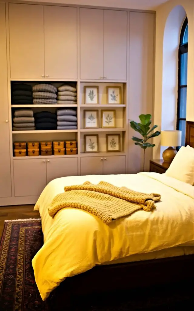 A queen-sized bed with a dark wood frame sits centered in a spacious bedroom, covered with a cream-colored linen duvet and two thick, oatmeal-colored knit throw blankets. Built-in storage cabinets and shelves, painted in a soft white hue, span the entire length of one wall, containing neatly folded sweaters in gray and navy, a collection of wooden boxes with brass hinges, and a series of small framed prints depicting botanical illustrations. A tall, arched window to the right of the bed allows natural light to flood the room, illuminating a patterned Persian rug beneath the bed and a simple wooden nightstand with a ceramic lamp. The room has pale hardwood floors and a single potted fiddle-leaf fig plant positioned in the corner near the window, creating a calm and organized atmosphere.