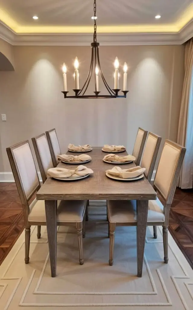 A chandelier with six candle-style bulbs hangs directly above a rectangular dining table with a dark wood grain finish and tapered legs. Six upholstered dining chairs with a light gray fabric and thin wooden frames are arranged around the table, facing inwards. The table is set with cream-colored linen napkins and simple ceramic plates with a subtle ridged texture. A pale beige rug with a geometric pattern lies on the hardwood floor beneath the table, and the walls are painted a soft neutral color with recessed lighting along the ceiling perimeter.