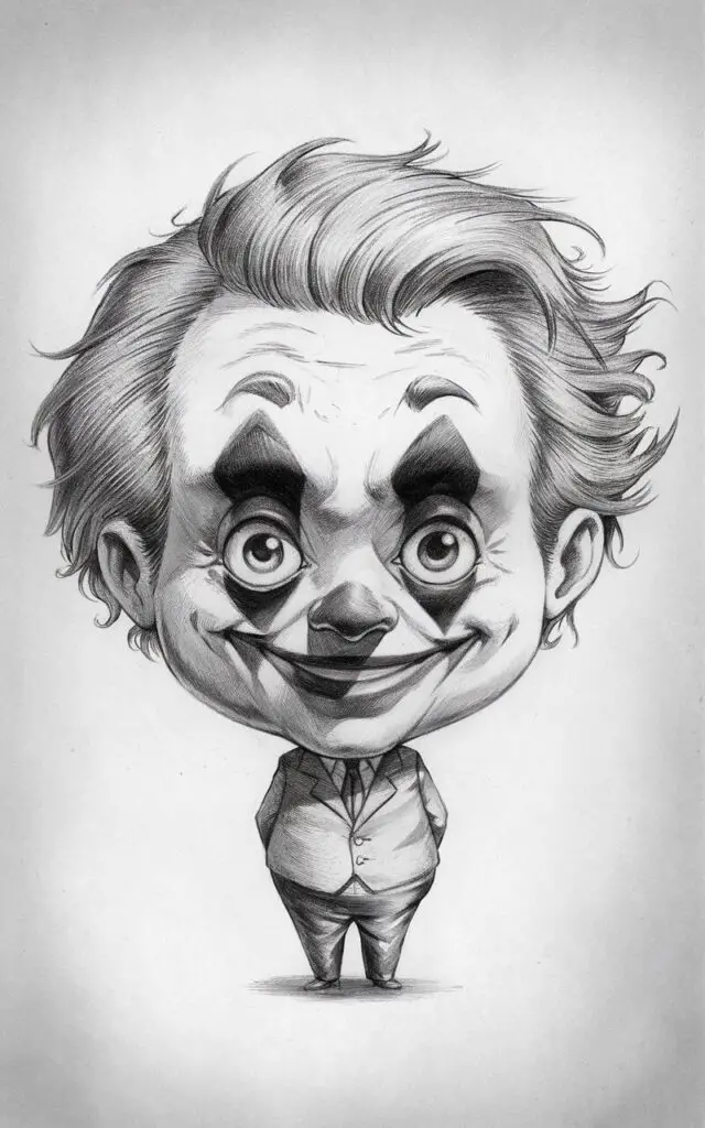 A pencil drawing of a chibi-style Joker with an oversized head and a very small, compact body. The Joker has large round eyes, a wide playful grin, and a short, stubby nose. His hair is fluffy and uneven, drawn with soft pencil strokes. The Joker is wearing a suit. The background is plain white. The overall illustration is charming and lighthearted.