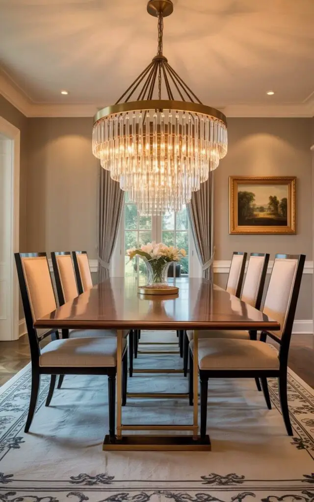 A multi-tiered chandelier with crystal pendants hangs centered above a rectangular dining table. The chandelier’s framework is constructed of polished brass, and the pendants reflect warm light onto the table’s smooth, dark walnut surface. Six upholstered dining chairs with straight backs and beige linen cushions are evenly spaced around the table. The dining room features pale gray walls, a dark hardwood floor with a subtle sheen, and a single rectangular landscape painting hanging on the far wall.