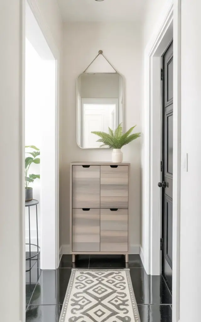 A slim, closed shoe cabinet with handle-free doors stands centered in the entryway, constructed from light-colored wood with a matte finish. A rectangular wall mirror with a thin, silver frame hangs directly above the cabinet, reflecting a portion of the entryway and creating a sense of spaciousness. A rectangular runner with a geometric pattern in gray and cream lies on the floor in front of the cabinet, defining a pathway. The entryway walls are painted a soft, off-white, and a single potted fern sits on a small table near the doorway, adding a touch of greenery to the scene.